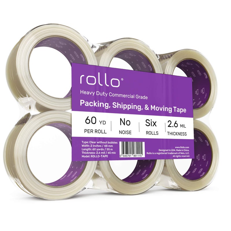 Rollo No Noise Packing Tape - Silent Shipping Tape 60 Yards x 2" Wide x 2.6 Mil Thick (6 Refill Rolls) - Clear Heavy Duty Industrial Quiet Tape for Packaging, Shipping, Moving, Storage with No Bubbles - Image 1